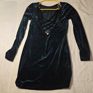 Windsor Dark Green Velvet Long Sleeve Bodycon Dress Criss Cross RD10752F Size L
